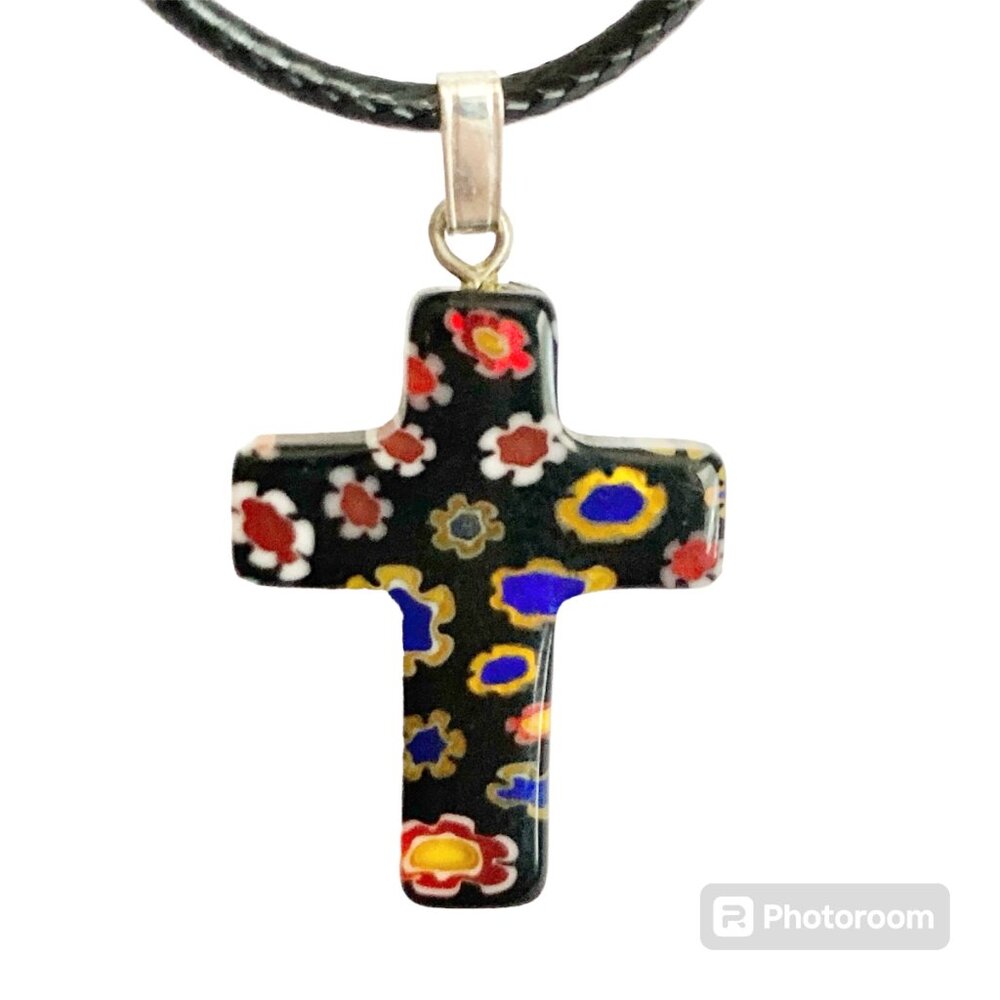 Vintage Black Murano Art Glass Cross Necklace Millefiori Flowers Black Cord 18"